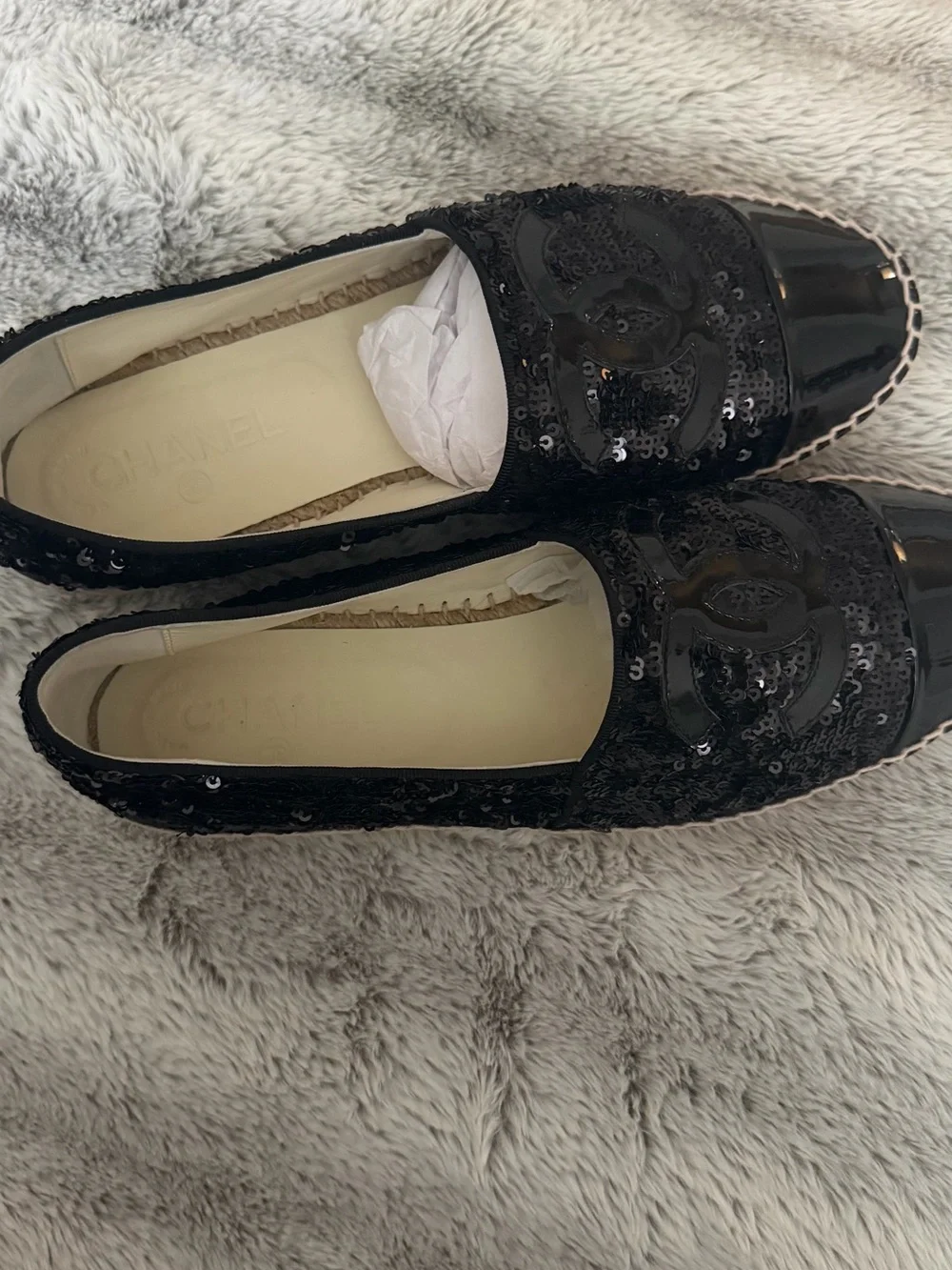 CHANEL Black Sequin Logo Espadrille Flats